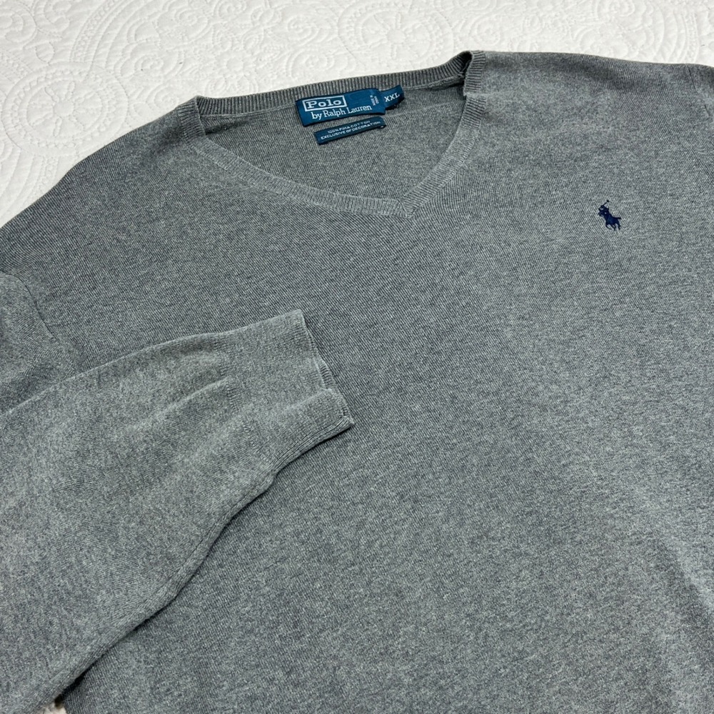 Polo Ralph Lauren Mens XXL Gray 100% Pima Cotton V-Neck‎ Pony Logo Sweater